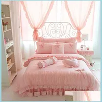 Bedding Sets Cherry Printing 100 Cotton Princess Bedding Sets King Queen Size Bow Design Lace Quilt Er Ruffles Bedspread Be Zlnewhome Dhlni