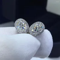 Stud Earrings Silver 925 Original Diamond Test Past Total 2 Carat D Color Oval Moissanite Brilliant Cut Egg Gemstone Jewelry