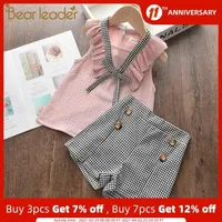 Bear Leader Girls Bowtie Clothing Sets 2021 New Summer Kids Girl Outfits Top and Plaid Pants Clothes 2Pcs Suits Children Sets C0401348n