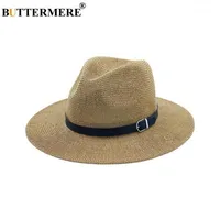 BUTTERMERE Beach Straw Hat Brown Women Mens Wide Brim Elegant Panama Hat Fedora Female Casual Fashionable Summer Sun Hats1198b