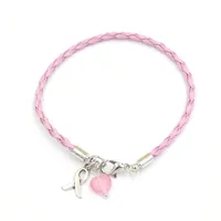 Partihandel enkel rosa pu -braid läderarmband medvetenhet smycken bröstcancer armband med rosa hjärtband charm pulsera