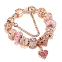 Cadeau de Noël Gol Rose Cherry Blossom Pink Peach Heart Charms Bracelet Bracelet Fit Pandora Perles européennes Bijoux bracelet Bracelet Famille Diy Pendant les femmes