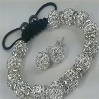 Factory 10mm White Two Row cheap clay disco ball Beads Bangles slae Crystal crystal Bracelet earring set women jewel2408
