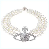 Anh￤nger Halsketten Kaiser Witwe Vivian Drei Schichten Perlen FL Diamanten Saturn Halskette strahlende Braut Hochzeit Drop Lieferung 2021 DHBZI