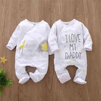 Nyfödd baby pojke tjej romper långärmad bomullsbrev jag älskar pappa mamma djurtryck jumpsuit spädbarn pyjamas kläder 210911201w