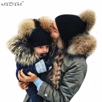 MIOIM Winter Mom&Baby Hats Faux Fur Ball Cap Baby Boy Girls Warm Double Fur Pom Pom Hat Beanie Women &Newbron Knit Skullies 2220L