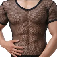 Casual Solid Tight Sexy Mens Fitness Super Thin Shapewear Transparent Mesh See Through Short Sleeve T Shirt Topps Tees Underhirt Q35V#