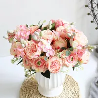 Flores decorativas de 30 cm de rosa rosa seda hortensia hortensia de flores falsas 5 cabezas grandes 4 brotes decoraci￳n de bodas en el hogar