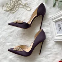 Luxury New Women Pumps Purple Silk Satin Stiletto Heel Pointed Toes Pearl Diamond Butterfly Buckle High Heels Women Party Shoes Big Siz289S