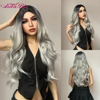 HairSynthetic Black synth￩tique ombre gris brun s longue vague Femmes Middle Part Highlight Ginger Cosplay Party Natural Heat Resist ...