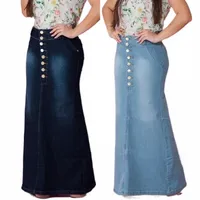 التنانير 2021 الزر الأمامي للنساء الربيعي غسل الدنيم A-Long Long Jean تنورة الصيف سيدة نادي Mujer O2NP#