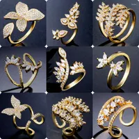 Clusterringen 2022 Luxe gouden vlinderblad voor vrouwen eenvoudige vierkante kubieke zirkonia openingsring vrouwelijke verloving bruiloft sieraden