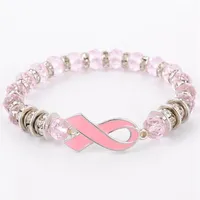 Brustkrebsbewusstsein Perlen Armbänder rosa Band Armband Glas Dom Cabochon Knöpfe Charmes Schmuck Geschenke für Mädchen Frauen232f