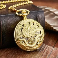 Montres de poche Luxury Golden Mechanical Watch Dragon Laser Horloge gravée Collier Animal Pendant