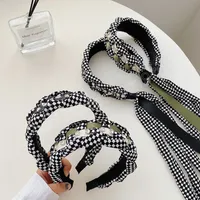 Black And White Lattice Wide-brimmed Headband Streamer With Diamond Hairband Fashion Hair Accessories Women Braided Hair Band
