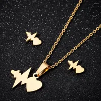 Necklace Earrings Set Heartbeat Pendants Gold Color For Women Fashion Stainless Steel Hollow Necklaces Wedding Jewelry Girl Gifts