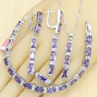 Necklace Earrings Set Classic Purple Zirconia Silver Color For Women Bracelet Long Rings Pendant Gift Box