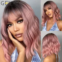 Teléfonos Automotrices Compras en línea Peinado Gemma Ombre Pink Medium Wavy Synthetic Wig with Bangs Black Women Natural Bob Lolit ...