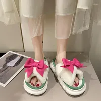 Slippers Okkdey Bow-Bow-Under Women Wome Outer Wear 2022 Autumn Scay-Soled Indoor Home Shoes Fairy Wind Net Red Plush