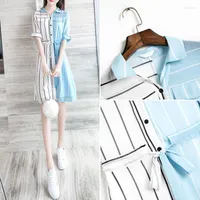 Casual Dresses 2022 Summer Womens Dress Short Sleeves Button Down Split Blouse Contrast Colored Vertical Stripes Chiffon Belted