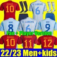 2022 Hiszpańskie koszulki piłkarskie Pedri Espana Wersja gracza Morata Ferran Koke Gavi Azpilicueta Ramos koszule piłkarskie 23 23 mężczyzn Dorosły Kids Zestawy Llorente Ansu Fati