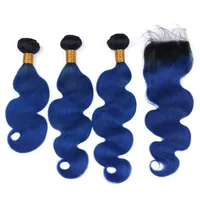 Schwarz und dunkelblau jungfr￤uliche brasilianische menschliche Haarwebe mit Spitzenverschluss 4x4 K￶rperwelle #1B Blau Ombre 3 B￼ndel mit Top -Verschluss252z