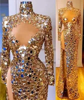 Luxury Gold Beaded Mermaid Evening Dresses High Neck Designer 2023 Tulle Long Sleeves Side Slit Custom Made Tassle Formal Occasion Wear Arabic Prom Gown vestidos