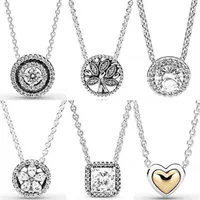Double Halo Domed Golden Heart Classic Elegance Tree of Life Collier Necklace for Pandora 925 Sterling Silver Bead Charm Jewelry262Z