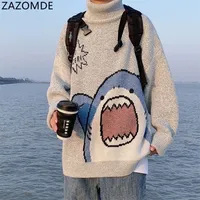 سترات الرجال Zazomde Turtlenecks Shark Sweater Winter Patchwor Harajuku على الطراز الكوري المرتفع الرقبة كبيرة الحجم الرمادي ل 220919
