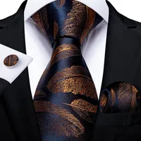8cm Fashion Gold Feather Print Men's Silk Ties Handkerchief Cufflinks Set Business Party Necktie Gravatas Gift For Men DiBanGu2388