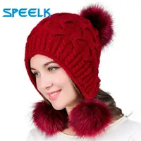 Beanie Skull Caps Women Hats Autumn Winter Wool Beanies Hat Three Hair Ball Back Open Knit Double Thick Fur Bonnet Beanie Cap248C