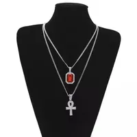 Egyptian Ankh Key Of Life Bling Rhinestone Cross Pendant With Red Ruby Pendant Necklace Set Men Woman Fashion Hip Hop Jewelry Party Gif275e