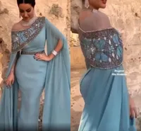 Dusty Blue Off Shoulder Mermaid Evening Dresses Plus Size Arabic Sequined Beaded Evening wear Gowns Poet Long Sleeves Formal Party Dress BC9371