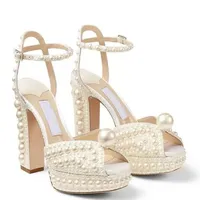 Summer Sacaria Dress Wedding Shoes Pearl-Embellished Satin Platform Sandals Elegant Women White Bride Pearls High Heels Ladies Pum296r302d