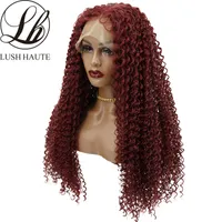 Spetsspår 99J Bourgogne kinky Curly Synthetic Middle T Part Wine Red Colored 180% Density Wave for Women 220919