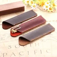 High Quality Leather Pen Pouch Holder Double Pencil Bag Case Sleeve for Fountain Ballpoint Pens Travel Office Supplies J220808