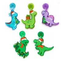 Pendientes de tachuelas Linda serie de dinosaurios de Navidad Púrpura Verde Glitter Glitter Dinosaurios con sombrero de Navidad presente y acrílico de árboles