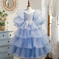 Blue Lace Flower Girl Dress Bows Kids's первое священное платье причастия
