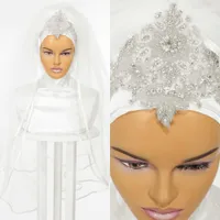 Muslim Wedding Bridal Veils 2023 Rhinestones Crystals Bridal Hijab Head Covering Elbow Length Islamic Turban for Brides 2-Layers Headscarf Ribbon Edge Ivory