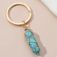 Natural Stone Gold Wire Wrap Hexagonal prism Key Rings Keychains Healing Pink white Crystal Car Decor Keyholder for Women Men