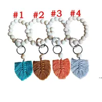 Party Wooden Bead Bracelet Keychain Pure Wood Color Car Chain Cotton Tassel Keyring with Alloy Ring Wood Beaded Decoration Pendant LJJE14284