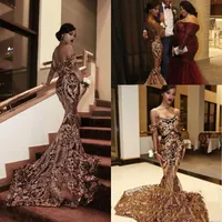 2022 new Sequined Mermaid African Evening Dresses Wear Black Girls Jewel Neck Illusion Long Graduation Dress Plus Size Formal Sequins Prom Gowns