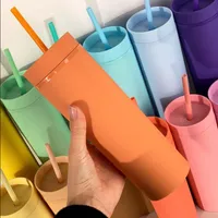 17 pastel renkler 16 oz mat akrilik sıska bardak kapak saman çift duvar yalıtımlı ince su şişeleri diy yeniden kullanılabilir plastik bardaklar macron kahve kupaları cc