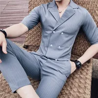 Herren -Trailsuiten 2022 Designer Doppelbrust Mann Sommer -Outfit -Kleidung Herrenhemd Set Grey Luxury Blue Stripe Anzug Sen's Shorts