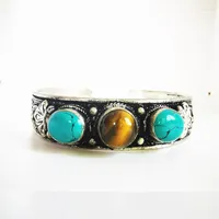 Bangle Tibetan Jewelry White Metal Copper Inlaid Beads Simulated Turquoises Tiger Eye Open Cuff BB-414