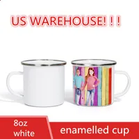 US Warehouse 8oz Sublimation Enamel Mug with Silver Rim Stainless Steel Enamelled Cup Handle Blank Tooth Tumblers Water Coffee Bottles DIY