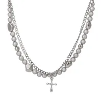 Hip Hop Frosty Necklace Beaded Cross Reflective Beads Double Layered Chain