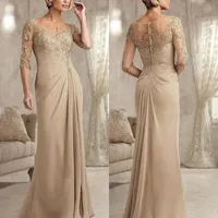 2023 Beaded Lace Mother of The Bride Dresses Champagne Plus Size Chiffon Half Sleeves Groom Godmother Evening Dress For Wedding BC1525 GB0920