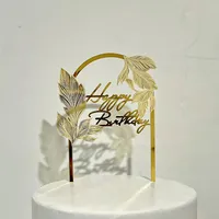 Abastecimento festivo 30pcs a laser gravado Happy Birthday Cake Topper Arch Golden Folhas de decoração de acrílica