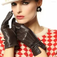 5本の指の手袋2022女性の本物の革の女性のファッションボウノットシープスキン秋の冬の暖かいベルベットlined l123pc-1